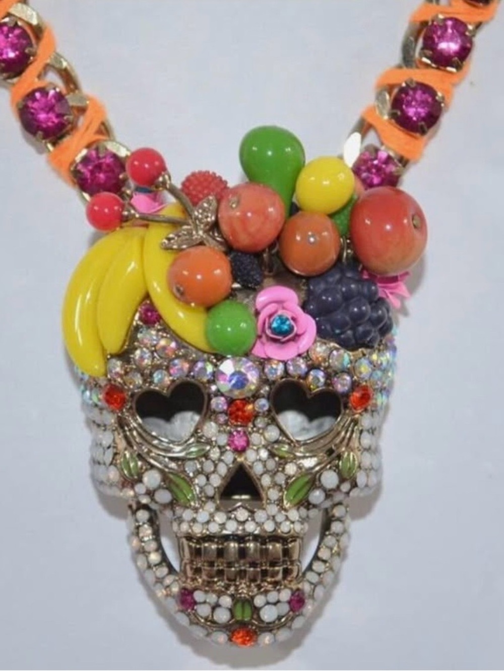 Rare-Betsey Johnson Rio "Sugar Fruit Skull" Statement Necklace.